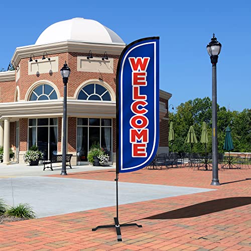 Image of LookOurWay Feather Flag Set - 5ft Tall Advertising Banner Flag with Pole Kit and X-Stand for Business Promotion - Welcome Blue /Red