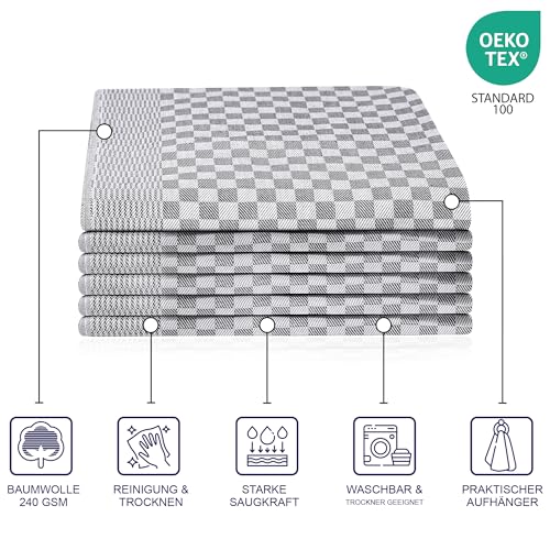 BARBONS 6er Set Geschirrtücher Baumwolle in 50x70 cm - Super saugstarke und robuste Küchentücher 240 g/m2 Oeko Tex - waschbar bis 60°C - in Grau kariert Trockentücher Gastronomiequalität