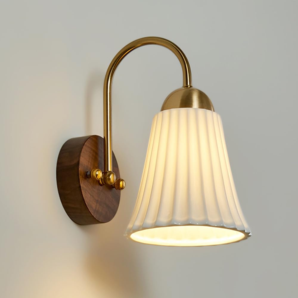 SXECAEPS White Ceramic Wall Lamp Vintage Wood Sconce Lighting Hardwired Light Retro Sconces E27 Mounted Lamps for Living Room Bedroom Bedside Home Decor Lights