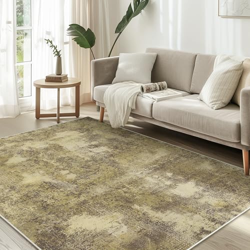 Area Rugs 8x10 for Living Room Bedroom, Modern Abstract Machine Washable Rug, Large Soft Low Pile Floor Carpet with Non Slip Backing for Dining Room, Amber Brown