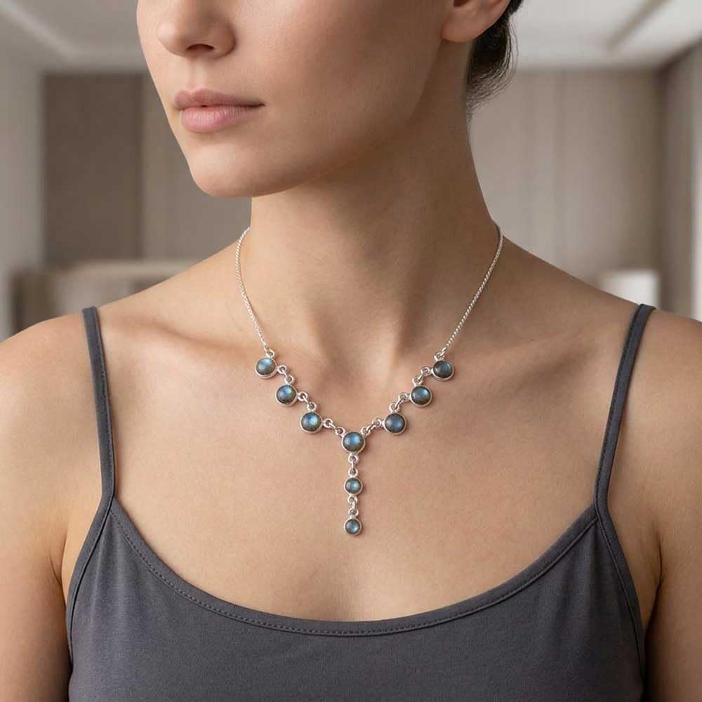 Collana labradorite in argento massiccio 925 - Dimensioni delle pietre 6 mm e 7 mm, Argento sterling, Labradorite