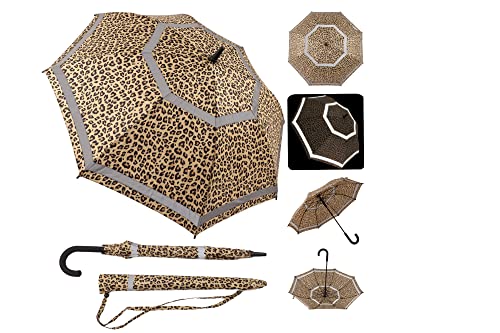 Quick Safety® Parapluie avec bouton d'ouverture automatique, design unisexe moderne et élégant, double réflectivité et résistance aux tempêtes, diamètre du parapluie : 105 cm, Léopard doré, 23'