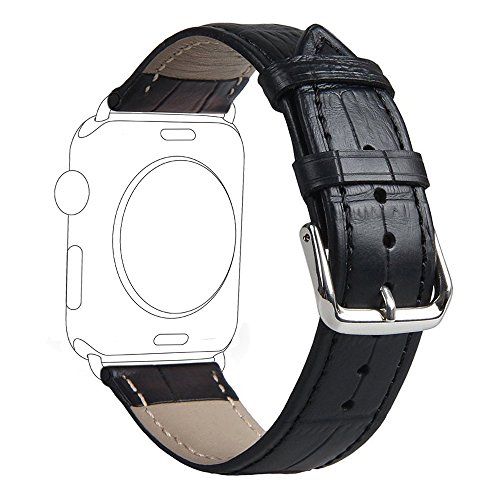 TOROTOP for Apple Watch Band 38mm, Genuine Leather Crocodile Pattern Watch Band Black Replacement Strap with Silver Deployment Clasp for 38mm Apple Watch Series 1 Series 2 Series 3 Model