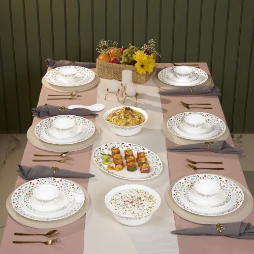 Image of Treo by Milton Opalware Aurelia Meena Dinner Set of 33 | Serving for 6 | Microwave & Dishwasher Safe | Bone-Ash Free | Tempered Toughness | Plates, Bowls, Spoons | Crockery Set for Dining & Gifting