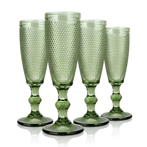 Joeyan Set de 4 Copas de champán Verde, 150ml Vintage Vino Taza de Vidrio con Relieve, Vasos Chupito Retro con Pie,Vajillas de Colores,Cristaleria para Bar Restaurante en Casa, Apto para Lavavajillas