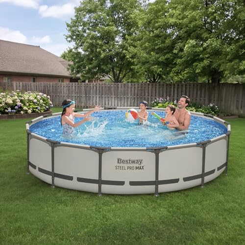 Image of Bestway Steel Pro MAX 14' x 33 inch Round Above Ground Pool Set with Pump | Metal Frame Pool, Corrosion-Resistant Steel, Puncture-Resistant Liner, Filter Pump, No-Tool Setup, Quick-Click Connectors