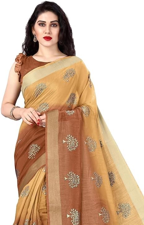 Indian Women's Cotton Blend Mix 2-Tone Foil Printed Saree with Blouse Piece