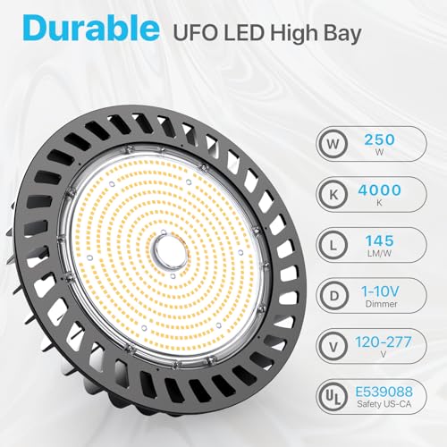 HYPERLITE UFO LED High Bay Light: 250W 36,250LM (145LM/W) 1-10V Dimmable, UL Listed 4000K High Bay LED Light for Shop Shopping Mall Exhibition Hall, Alternative to 1000W MH/HPS, 5-Year WNTY by HYPERLITE - Image 2