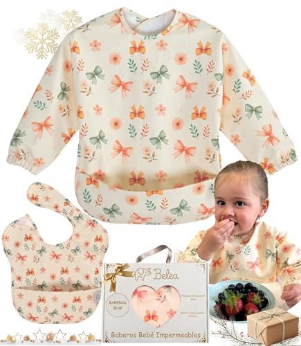BELEA Babadores bebé impermeáveis com mangas e sem mangas BLW com bolso recolhedor de migalhas punhos elásticos roupão comida bebé lavável berçário sem BPA presente de aniversário design ajustável de