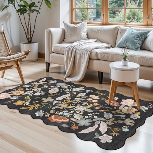 Tapete lavable 3x5 negro antideslizante boho floral miniatura 3