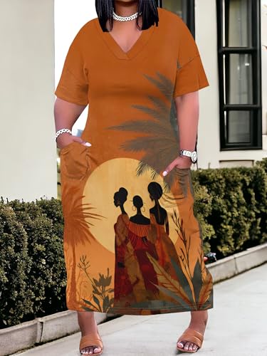 Image of Plus Size Maxi Dress for Women Short Sleeve V Neck Casual Loose Sundress with Pockets