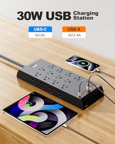 Image of Surge Protector Power Strip 4800J, LeZone 10Ft Long Extension Cord Flat Plug, 20 Outlets 8 USB Ports(4 USB-C), Wall Mountable, Desk Charging Station, Black