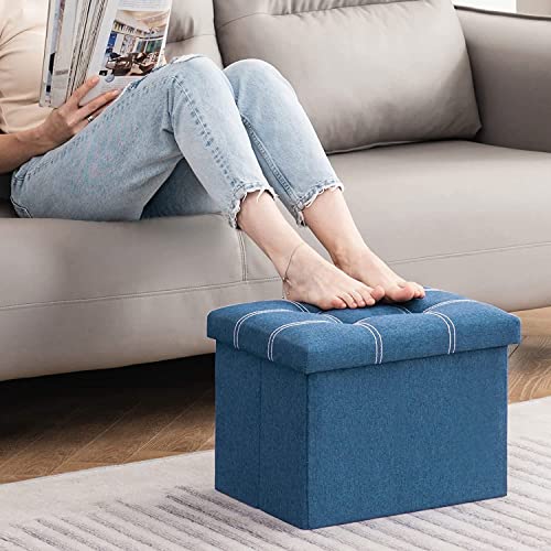 Image of AR Mall Folding Storage Ottoman, Long Shoes Sofa Bench, Fabric Linen Footrest Stool for Laundry, Storage Space, End Bed Storage Seat, Toys Organizer Bin Box with Lidded (Blue)