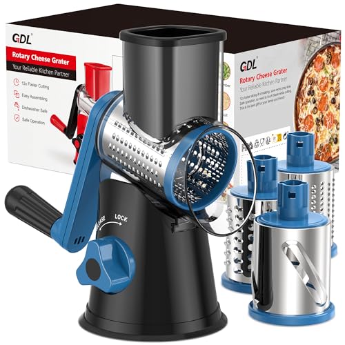Image of Cheese Grater Rotary, Rotary Grater for Kitchen, Kitchen Vegetable Slicer with 3 Drum Blades, Fast Cutting Cheese Shredder for Vegetables and Nuts