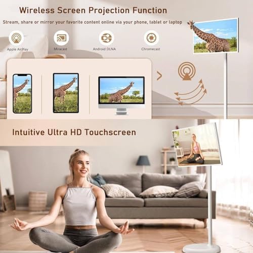 4K Portable Smart TV with 1080P Touchscreen, Rolling TV on Wheels, Voice Control, Android 13, Full Swivel Stand, Rotatable 24" Tablet with Remote, 8GB/128GB Storage.