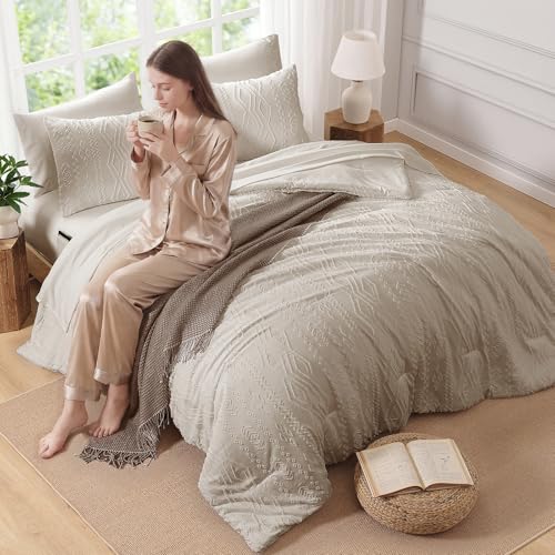 Image of AMBERSPACE California King Size Comforter Set Beige, Tufted Farmhouse Bedding Boho Bed Set, All Season 7 Pieces Bed in a Bag with Sheets, Pillowcases & Shams