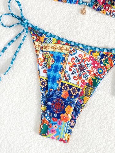 Women's 2 Piece Floral Bikini Boho Halter Triangle Bikini Set Tie Back Swimsuit Bathing Suit Beachwear Swimwear3