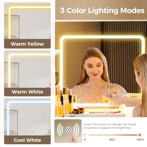 COMHOMA Makeup Vanity Desk with Mirror and Lights, Large Vanity Table with 6 Drawers & 1 Storage Cabinet, White Bedroom Dresser Table for Girls, 3 Color Modes Adjustable Mirror, White