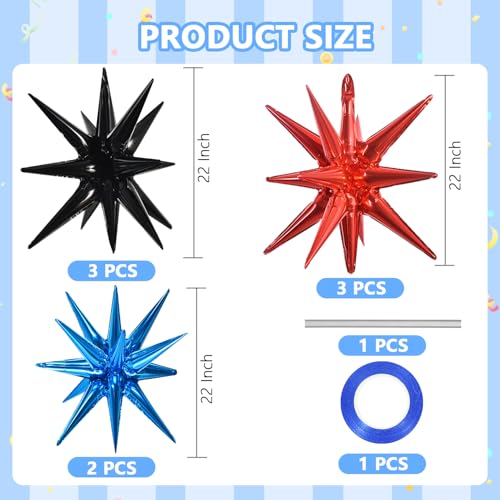 Image of TONIFUL 8 Pcs Explosion Star Balloons Black Red Blue Foil Party Decorations | 22 Inch Large Mylar Star Balloon for New Year Christmas Graduation Birthday Wedding Baby Shower Party Supplies