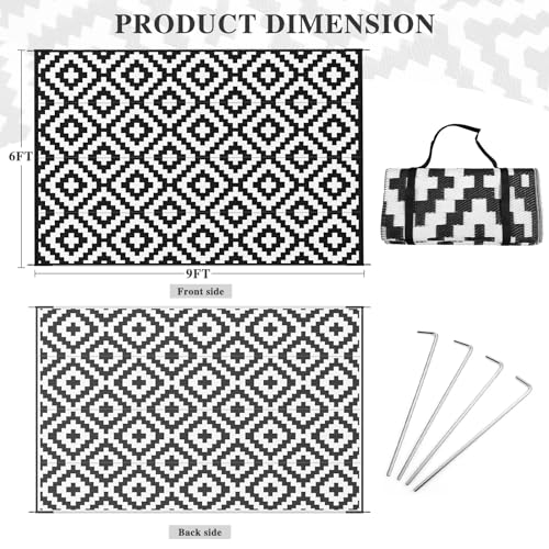 RUN.SE RUN.SE Reversible Outdoor Rug 6'X9' Portable Anti-Slip Plastic Straw Carpet Mat UV Resistant Waterproof Outdoor/Indoor Area Rugs,Black & White - Image 3