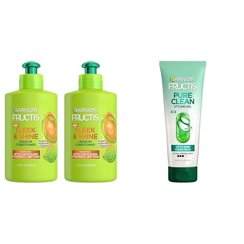 Garnier Fructis Sleek & Shine Crema acondicionadora sin enjuague para encrespamiento, cabello seco, queratina vegetal + aceite de argán, 10.2 onzas