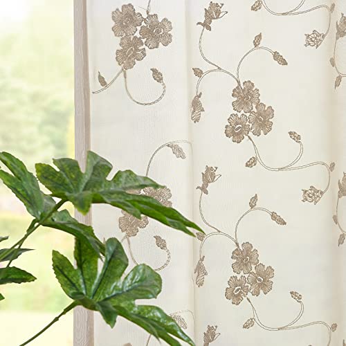 Lazzzy Sheer Door Curtain French Floral Embroidered Drape Semi Glass Door Treatment Rod Pocket Tie Back 1 Panel 72 Inches Taupe #TOP4