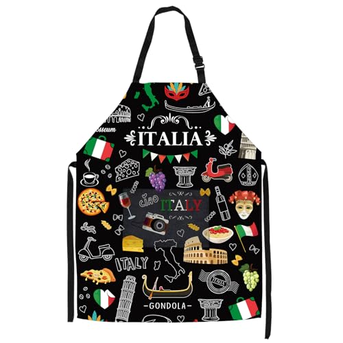 Black Italian Aprons for Cooking, Funny Italian Aprons for Women with Pockets, Italian Cooking Apron for Adults, Kitchen Apron Italian with Food & Special Prints, Grilling BBQ Cooking Aprons for Men