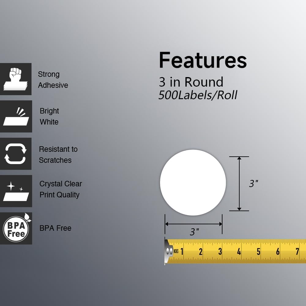 BETCKEY 3 Inch Circle Thermal Sticker Labels, Compatible with Zebra & More Label Printer, Perforated [1 Rolls, 500 Round Labels] - Image 2