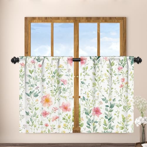 Cortina vintage botánica verde salvia y rosa con bolsillo para barra 2