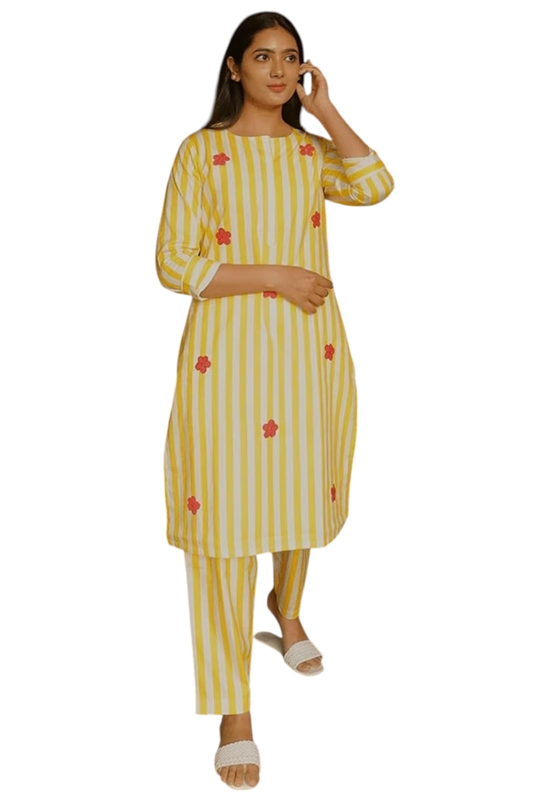 Ensemble kurta en viscose imprimé floral jaune ensemble deux pièces fluide - 5