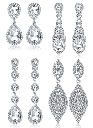 Jstyle 4 Pairs Clip on Earrings for Women Rhinestone Crystal Wedding Earrings Elegant Silver Teardrop Drop Dangle Clip on Earrings for Bride Bridesmaid Non Pierced Earrings Classic Style