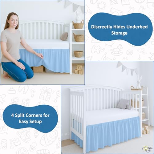 Image of Cottington Lane Light Blue Infrant Crib Bed Skirt Dust Ruffle with Split Corner, 100% Natural Cotton Nursery Crib Toddler Bedding Skirt for Baby Girls or Boy, Fits Standard Cribs 28 inchx52 inch with 14 inch Drop