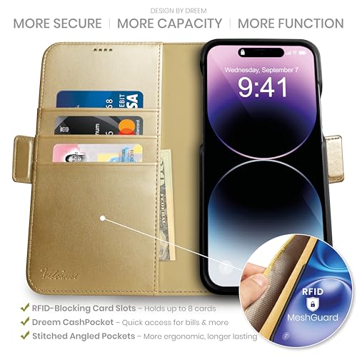 Image of dreem Fibonacci Compatible with iPhone 14 Pro Max Wallet case / 2-in-1 Shockproof case and Detachable Vegan Leather Folio, MagSafe Compatible, RFID Protection [Gold]