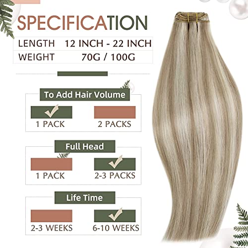 RUNATURE Weft Hair Extensions Real Human Hair Blonde Highlight Ash Brown Sew in Hair Extensions Real Human Hair Double Weft Hair 12 Inch 70 Gram #8P60 - Image 4