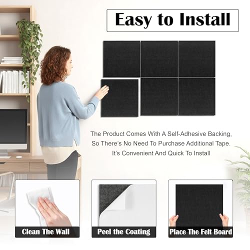 Image of GLUN 6 Piece Black Felt Bulletin Board 30x30 cm, Self Adhesive Notice Board Tiles for Wall | 100 Push Pins + 400 Sheets Sticky Notes | Pin Board for Home, Office, School & Study Room