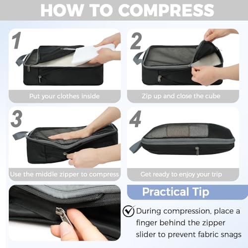 Image of BAGAIL 4 Set /6 Set /8 Set Compression Packing Cubes Travel Accessories Expandable Packing Organizers (Half Mesh, 8-Jet Black)