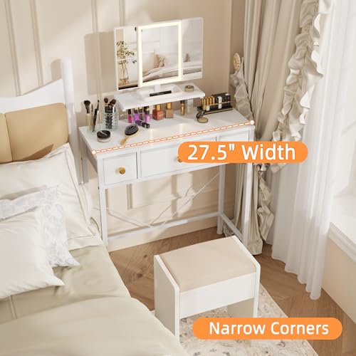 Image of HIGDBFE Small Makeup Vanity Desk 27.5''W with Mirror and Lights, Vanity Desk with 3 Fabric Drawers and Height-Adjustable Stand, Vanity Table for Girls Gifts, Bedroom and Small Spaces, White