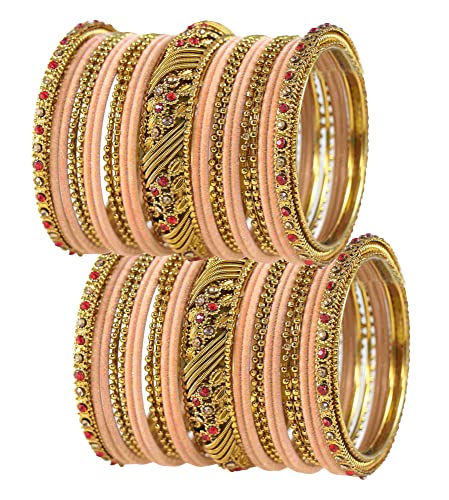 Image of NMII Metal with Zircon Gemstone and Beads Studded Ball Chain Linked Glossy Finished Velvet Bangles Chuda set for Women and Girls