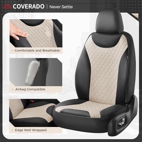 Image of Coverado Front and Back Seat Covers, 5-Pack Universal Seat Covers for Cars, Leather & Fabric Splicing Design Car Seat Protectors, Waterproof Seat Cushions Universal for Most Vehicles, Black & Beige