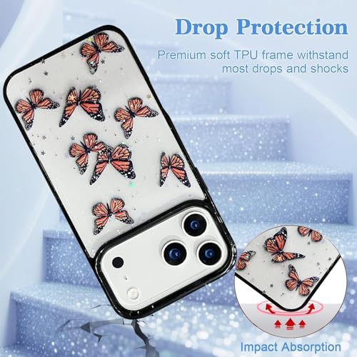 Image of VONZEE Glitter Butterfly Back Cover Case Compatible with iPhone 17 Pro, Clear Cute Bling Sparkle Shiny Soft TPU Bumper Shockproof Women Girls Slim Protective Phone Cover for iPhone 17 Pro 6.3 inch,Black