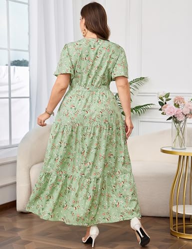 Image of ShopWonder Womens Plus Size V Neck Wrap Maxi Dress High Waist Ruffle Summer Casual Dress with Belt