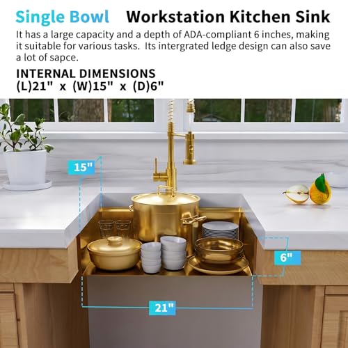 Image of 23 Inch Gold Undermount Kitchen Sink, 16 Gauge Stainless Steel Workstation | 23 inch x 18 inch Single bowl sink with ledge design, accessories included, ADA compliant 6 inch depth, ideal for RV and kitchen use