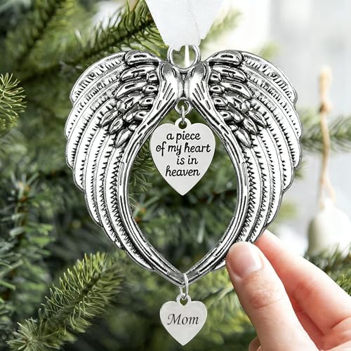 Christmas Memorial Ornaments Angel Wings Hanging Decoration Christmas Memorial Loved One Wing Charm "a Piece of My Heart Is In Heaven"Hanging Pendents for Home Decor Gifts (Mom)