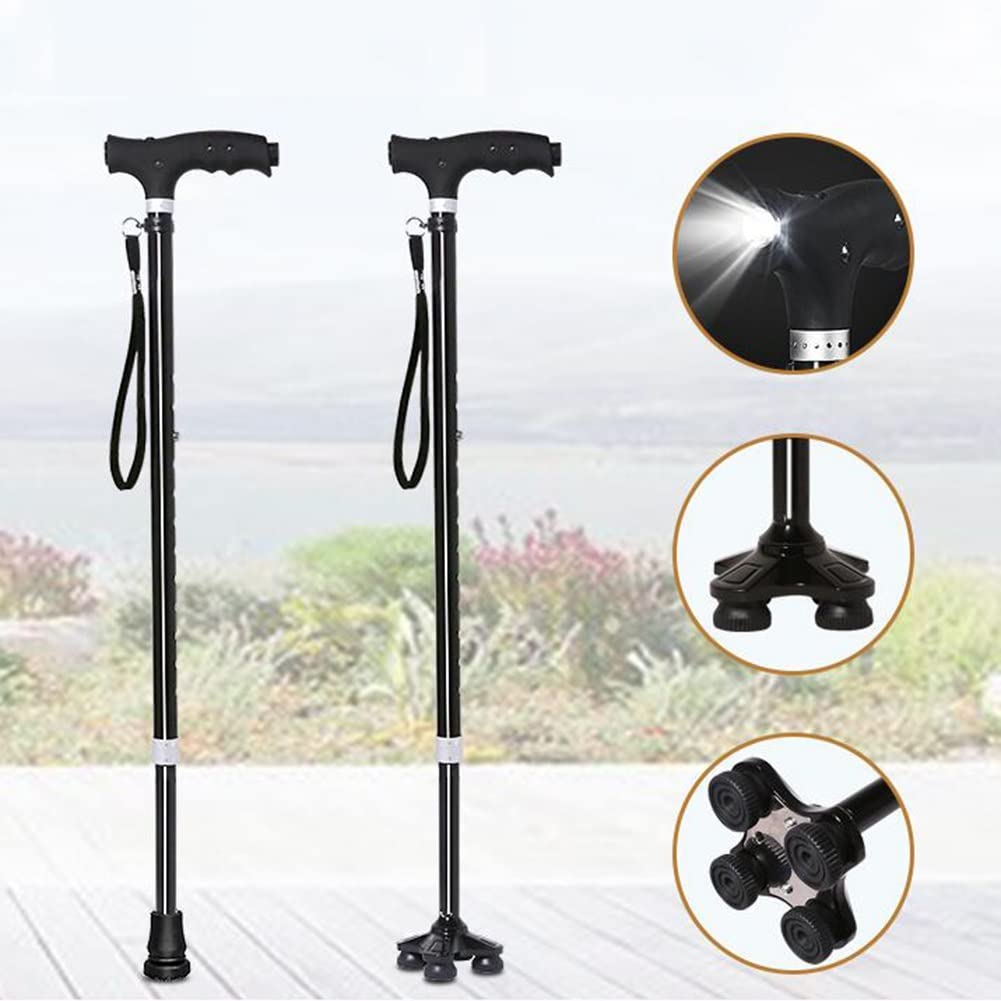 Bastón cuádruple con luz LED, bastón Ligero para Caminar con Mango de Agarre desplazado, ergonómico, Altura Ajustable: 67-94,5 cm/26-37,2 Pulgadas, Negro