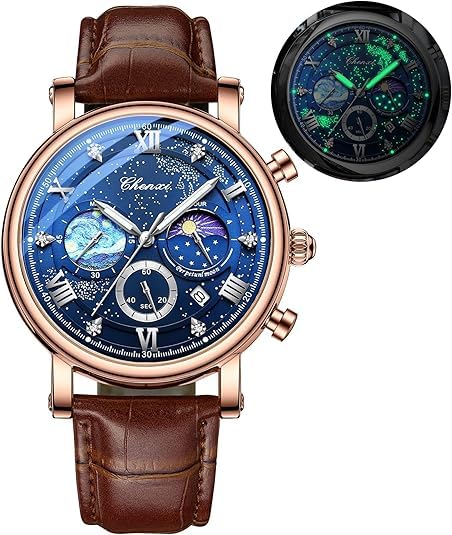 Tiong Herren Business Chronograph - Edelstahl & Lederarmband, Mondphase und Sechshänder - wasserdichte, leuchtende Datumsanzeige Quarzuhr