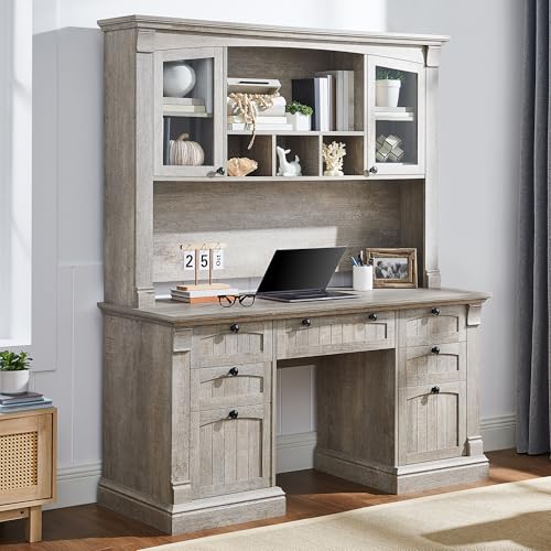 OKD 60' Executive Desk with Hutch and Drawers, Farmhouse Home Office Desk with Charging Station, Keyboard Tray, File Cabinet Storage, Wood Computer Desk for Work and Study, Light Rustic Oak