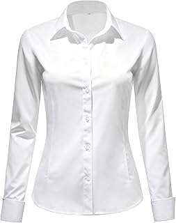 Womens Long Sleeve Blouse Stretch Fitted Formal Button Down Shirt Wrinkle Business Casual Work Office Ladies Blouses