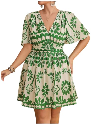 Image of Floerns Women's Plus Size Printed V Neck Short Sleeve Ruffle Hem Summer Short Dresses