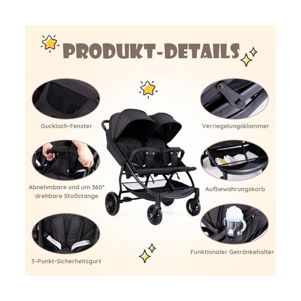 COSTWAY Geschwisterwagen klappbar, Zwillingswagen mit Verstellbarer Rückenlehne, Fußstütze & Baldachin, Reisebuggy mit Liegefunktion, Tragbarer Zwillingsbuggy für Baby bis 3 Jahre (Dunkelgrau)