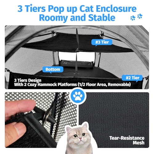 Image of EighteenTek Catio Outdoor Cat Enclosure 3-Tier Pop up Cat Tent Playpen | Portable Kitten Catio Tower | Pet Playpen Indoor /Outdoor Cats Enclosed | Play Tents for Patio Balcony Courtyard Camping